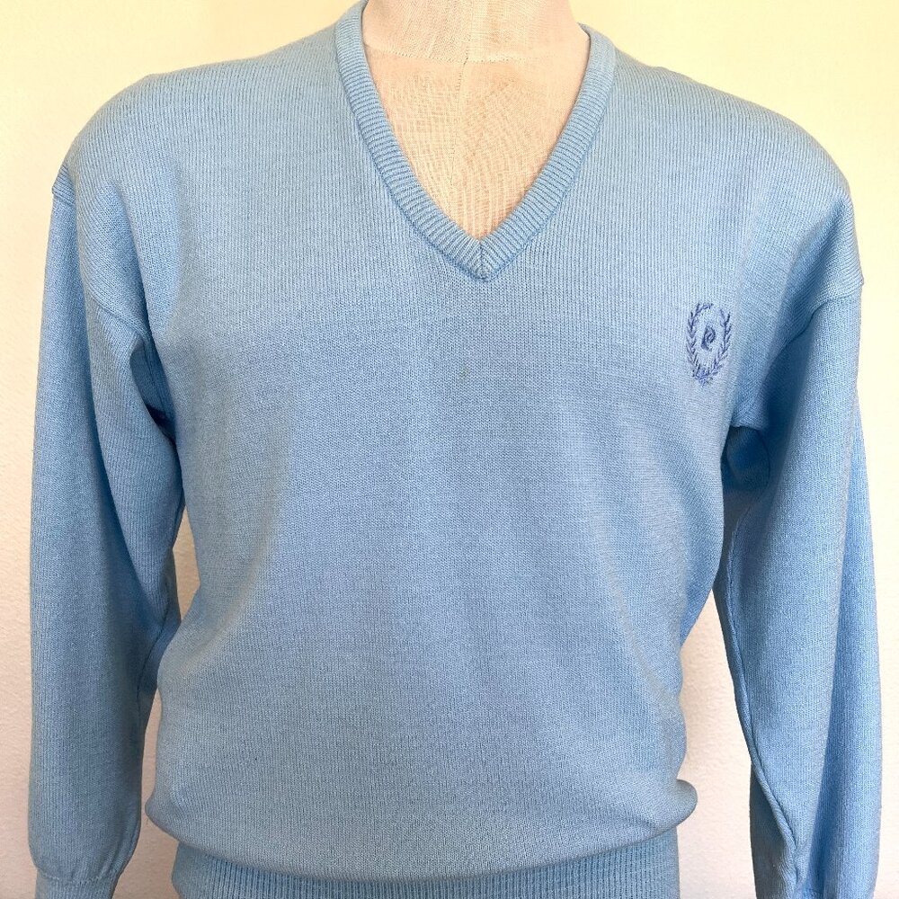 80's Pierre Cardin - Light Blue - V Neck - Sweater - Size Medium - 40